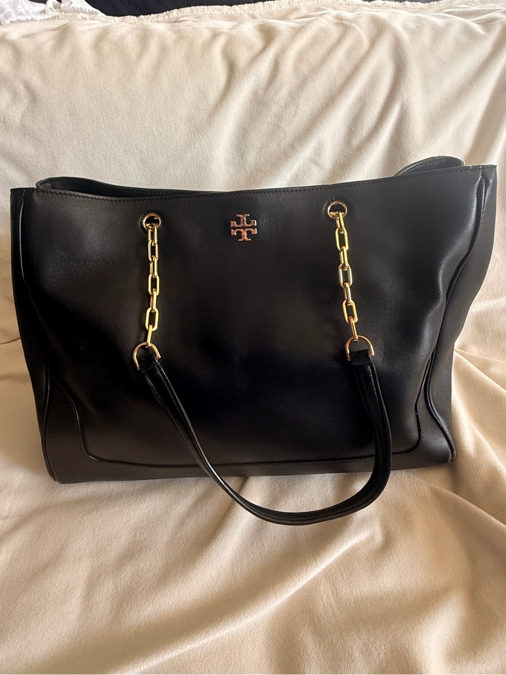 Tory Burch Black Leather Tote with Gold Hardware
